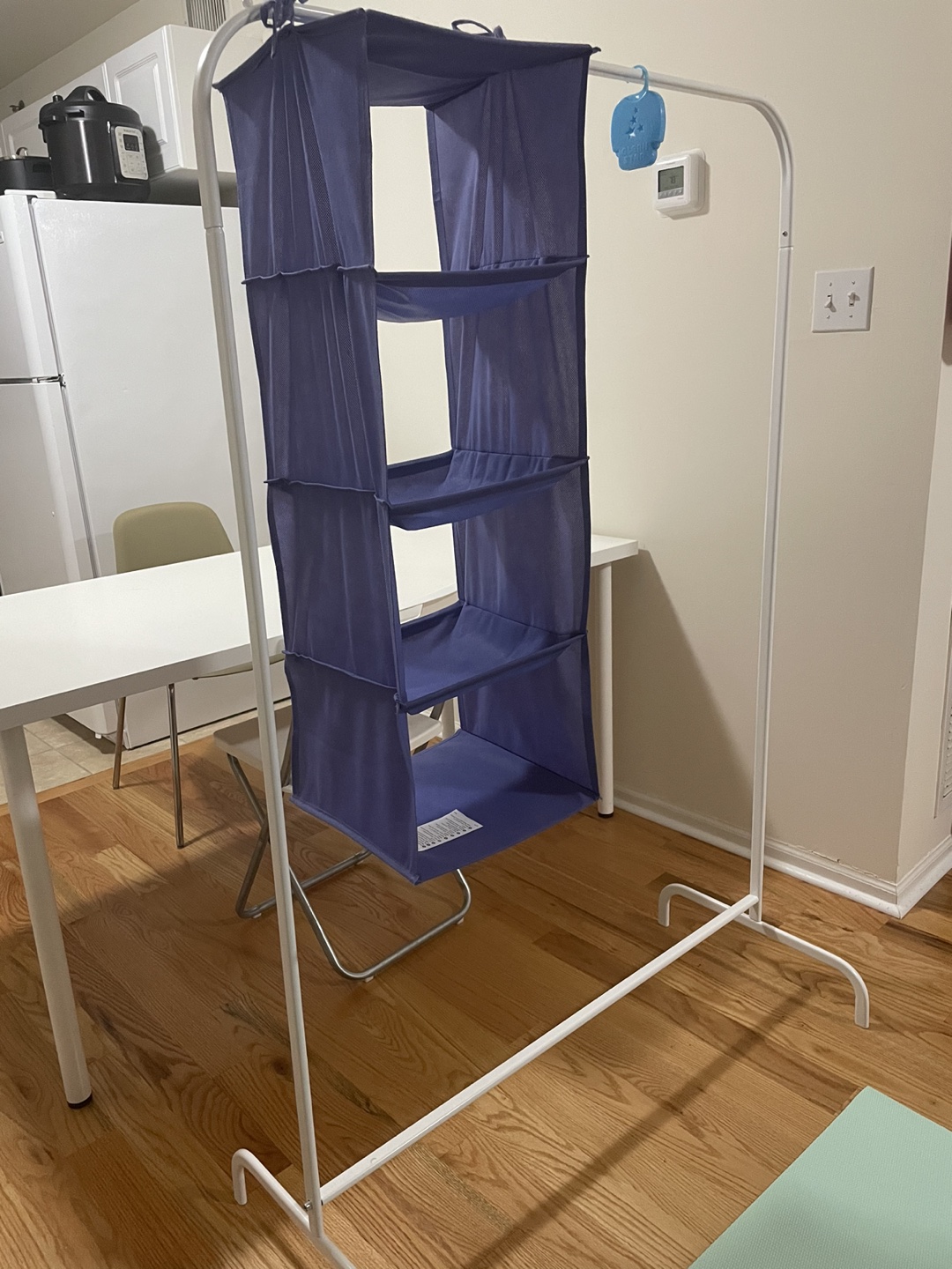 Clothes rack with purple organizer 