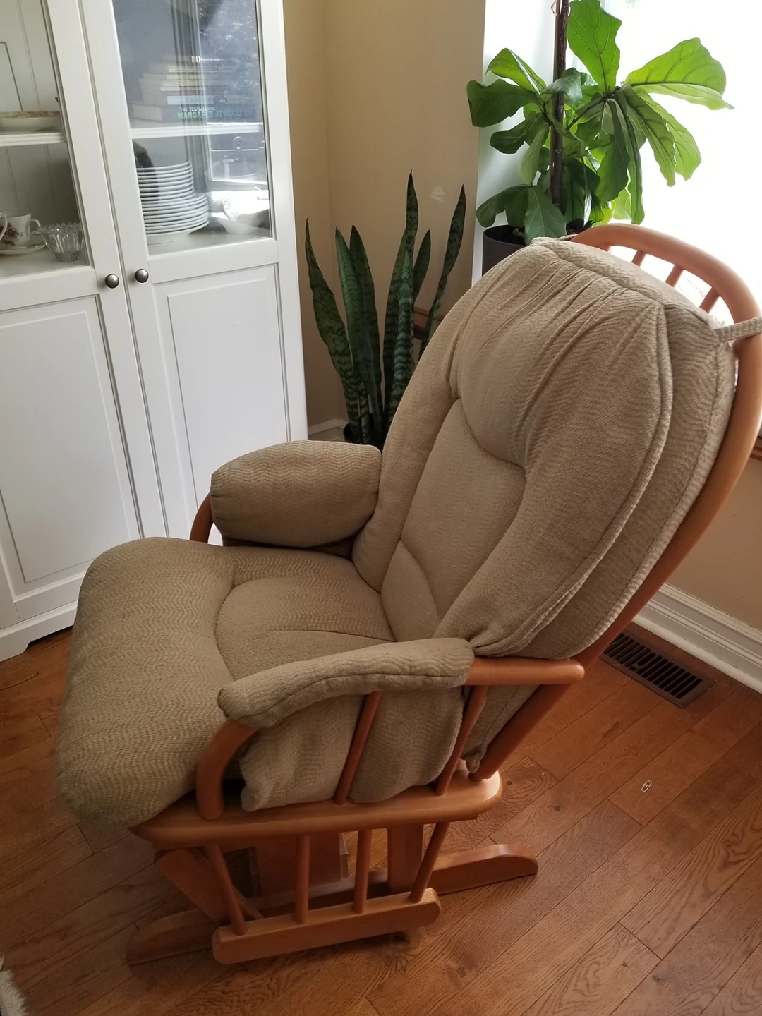 semi upholstered  glider chair and ottoman