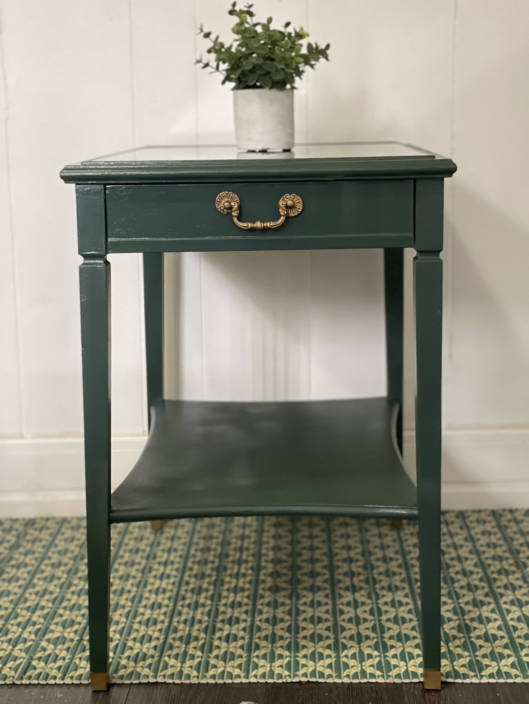 Vintage Wooden Green Side table with drawer and Glasstop🌟 thumbnail