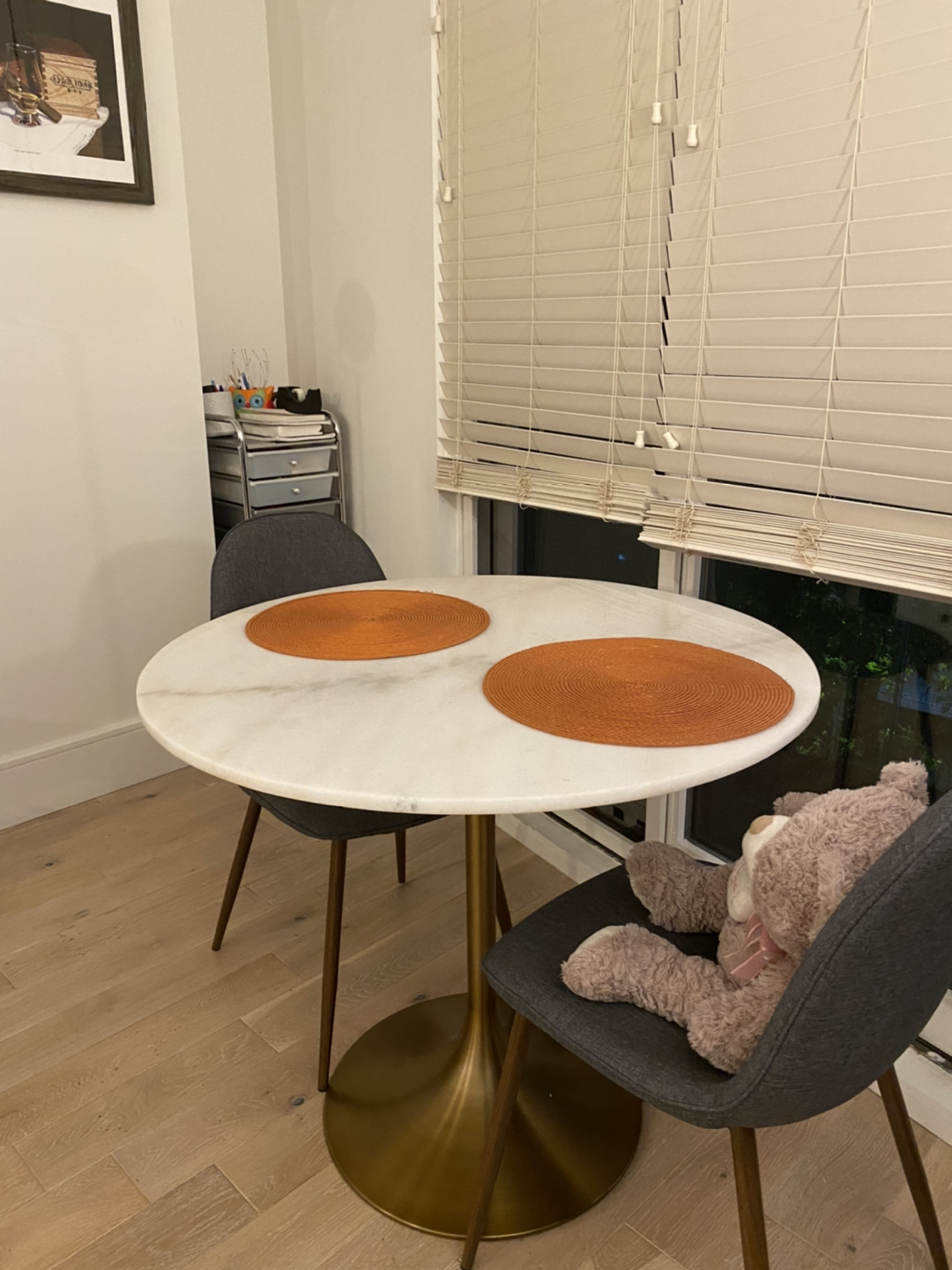 Marble top dining table and 2 chairs 