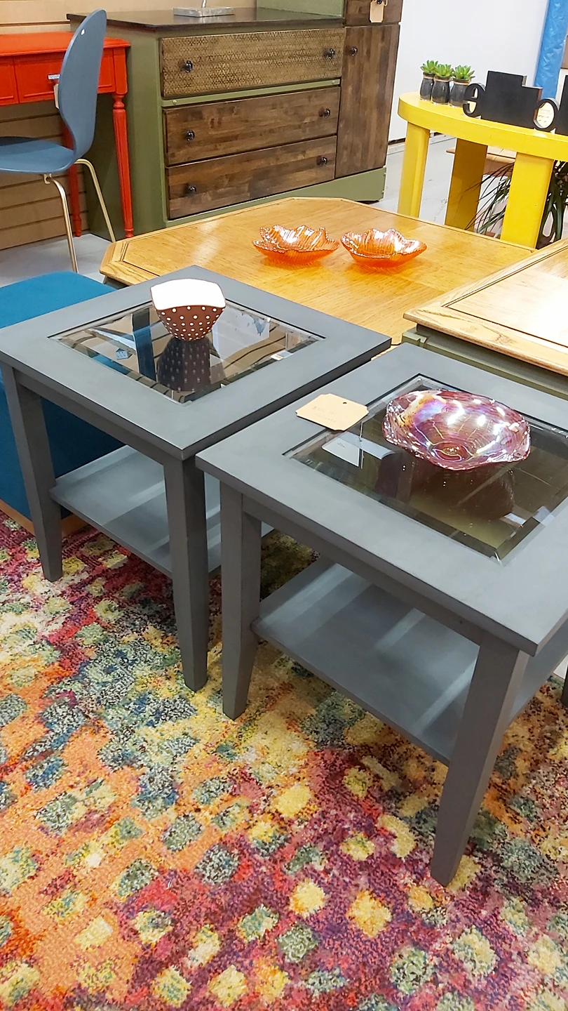 Set of Matte Grey glass top side tables