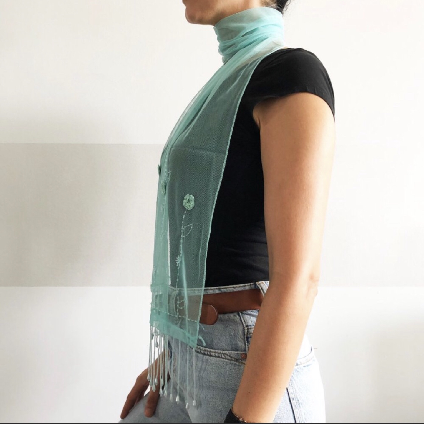 Light Blue Sheer Scarf with Beads and Flowers image indicator(2)