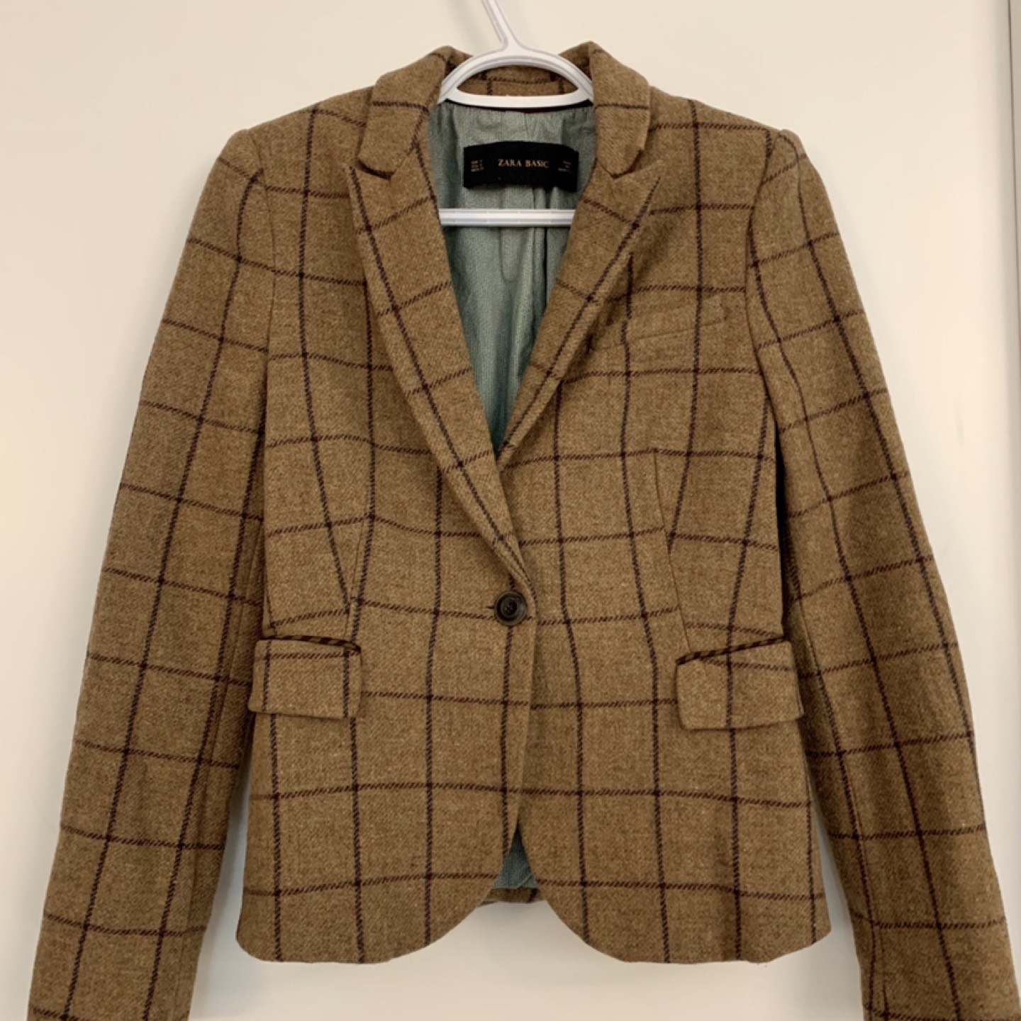 Wool blazer suit Zara women’s size small plaid brown tan  