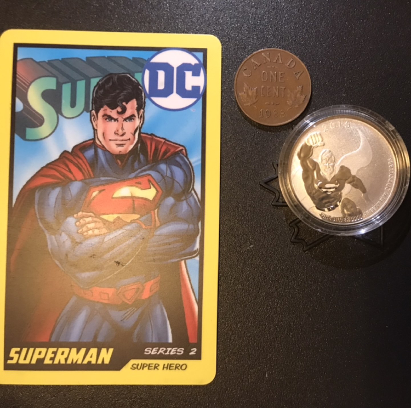 Superman $20 silver coin, Superman Card, 1933 penny thumbnail