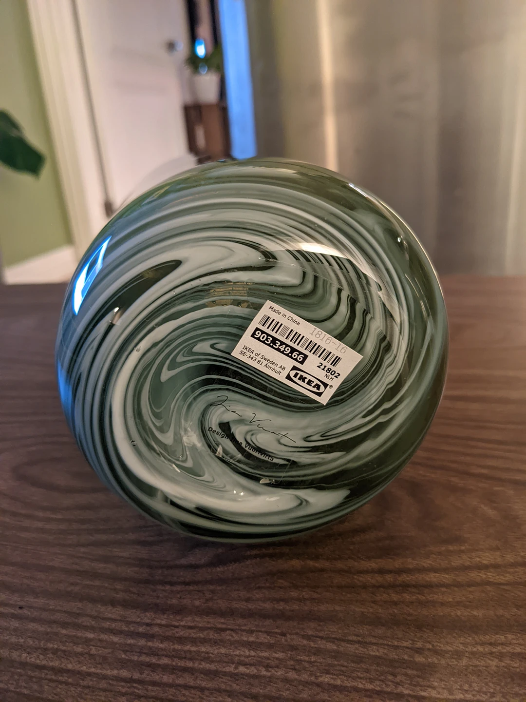 IKEA Hand Blown Swirled Glass Bottle Vase, White Green - photo 4