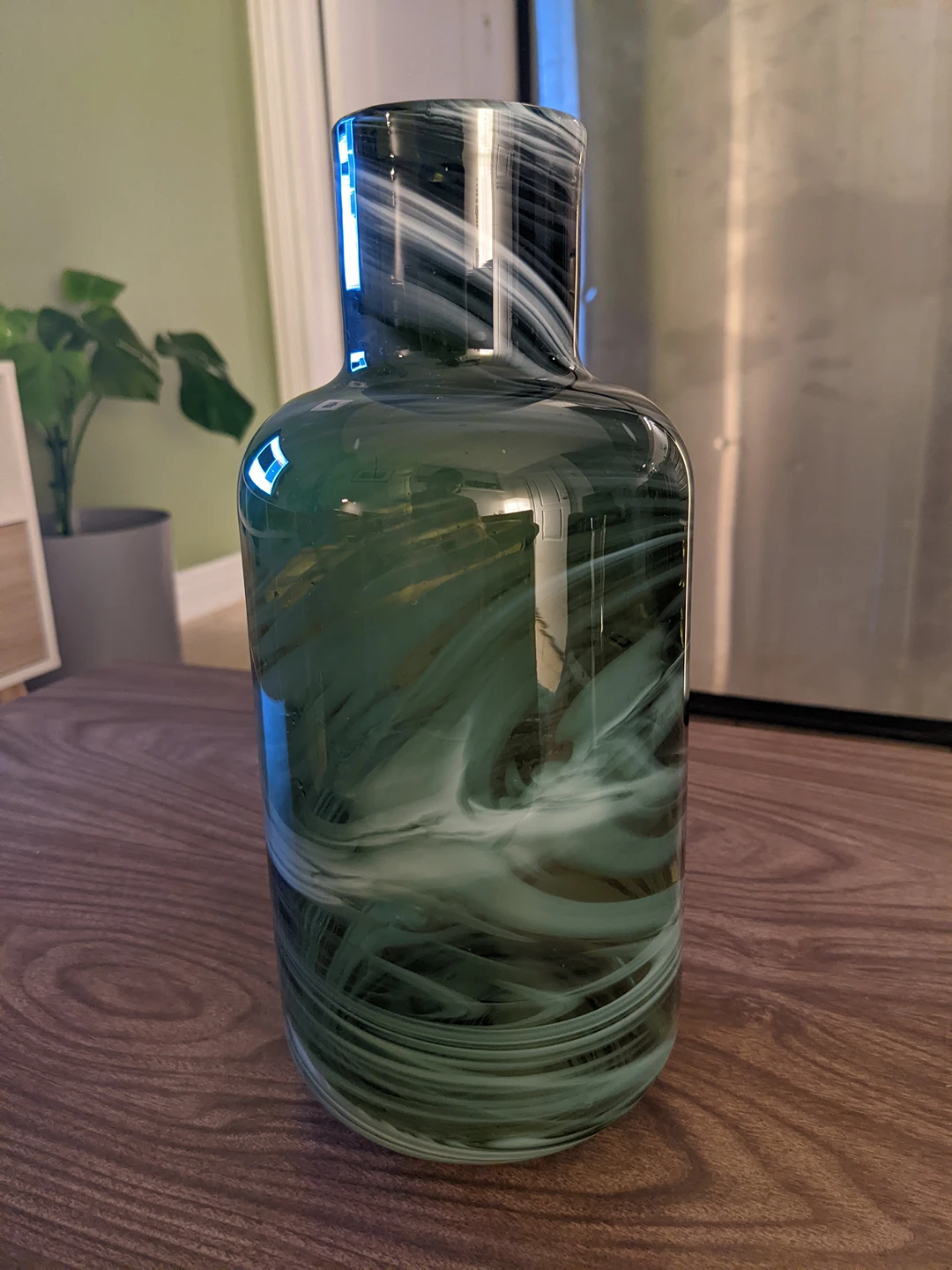 IKEA Hand Blown Swirled Glass Bottle Vase, White Green thumbnail
