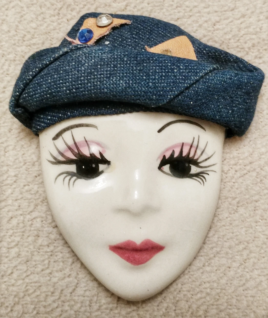 Handcrafted Porcelain Face Brooch- Pin Denim Blue Hat thumbnail