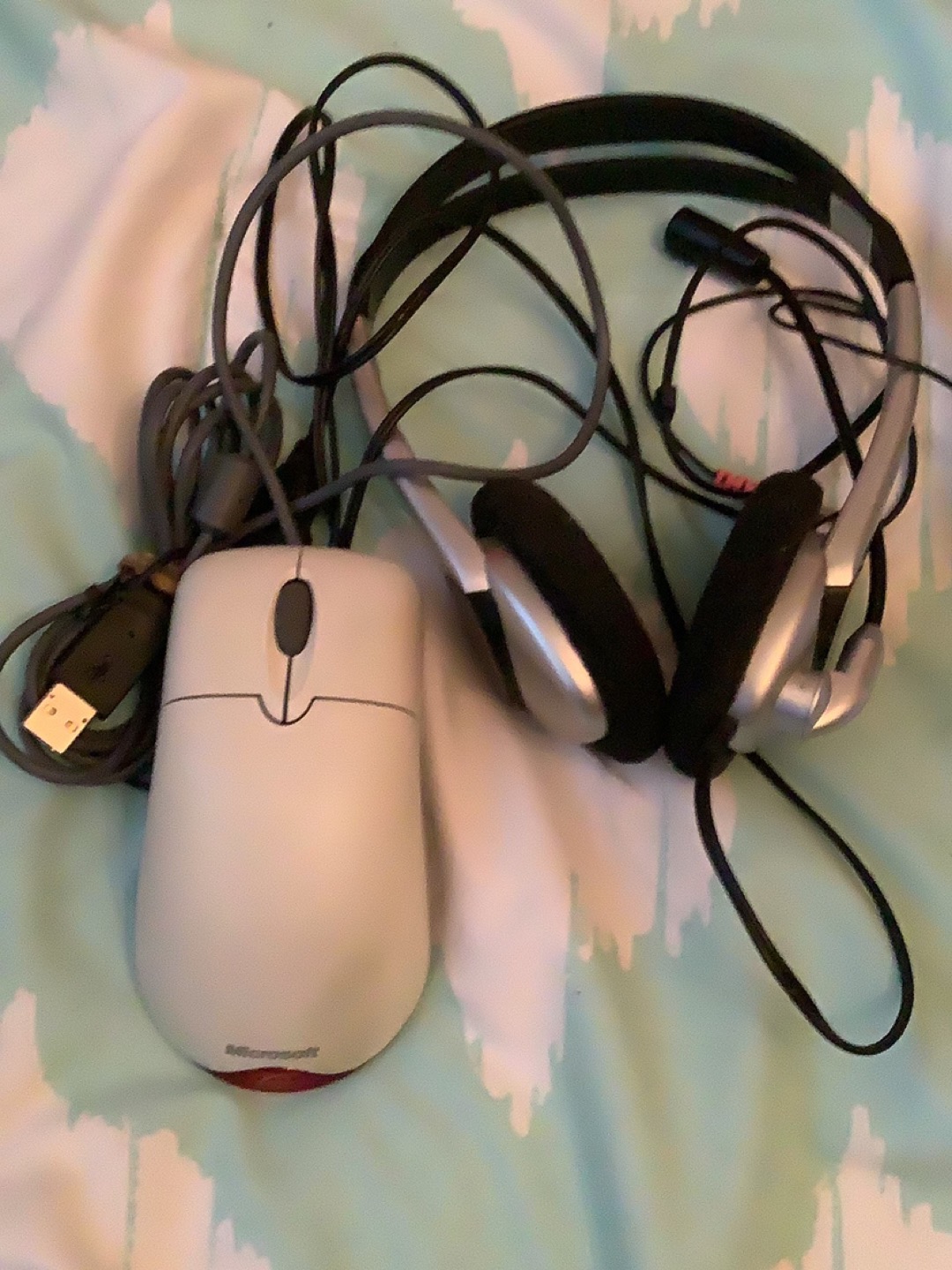 Computer headset with microphone and Microsoft Mouse
