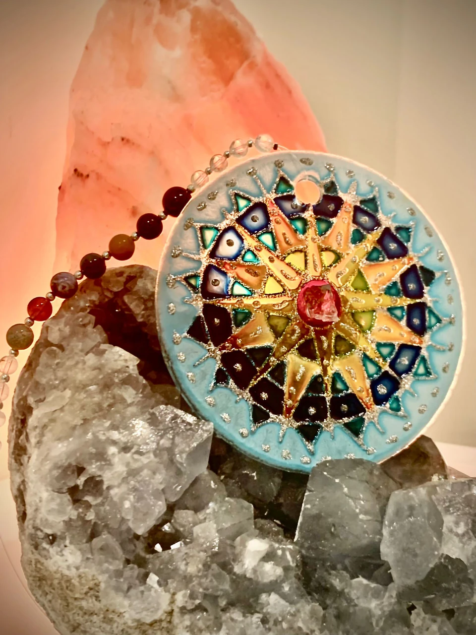 Handmade Mandala with Celestite and 7 chakra crystals/gem stones - photo 2