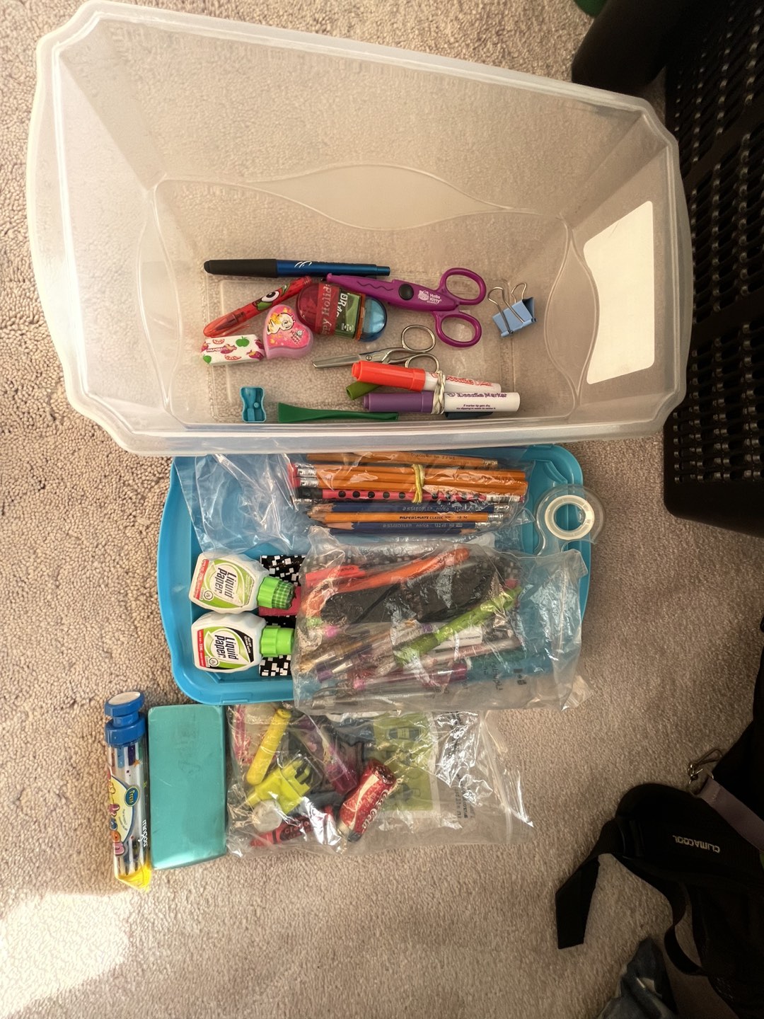 assorted stationary + bin for storage