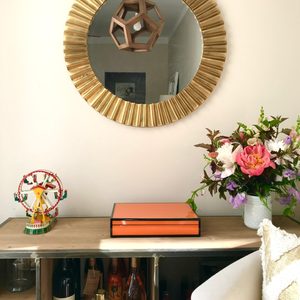 Bronze round mirror, Lampshade & Vintage floor lamp