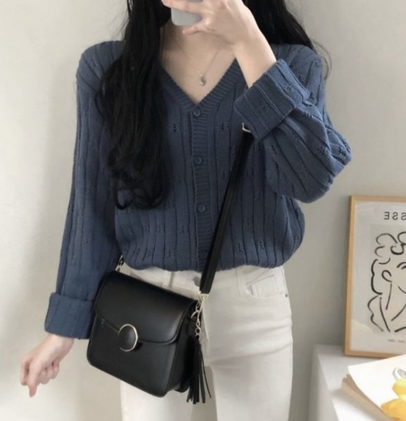 blue knit cardigan