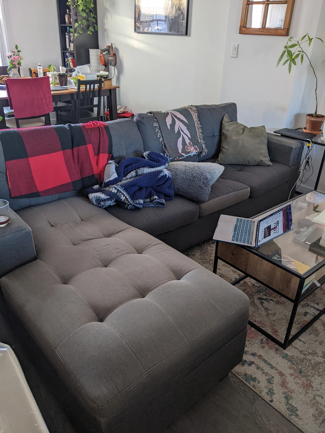 Well-used couch with chaise and storage