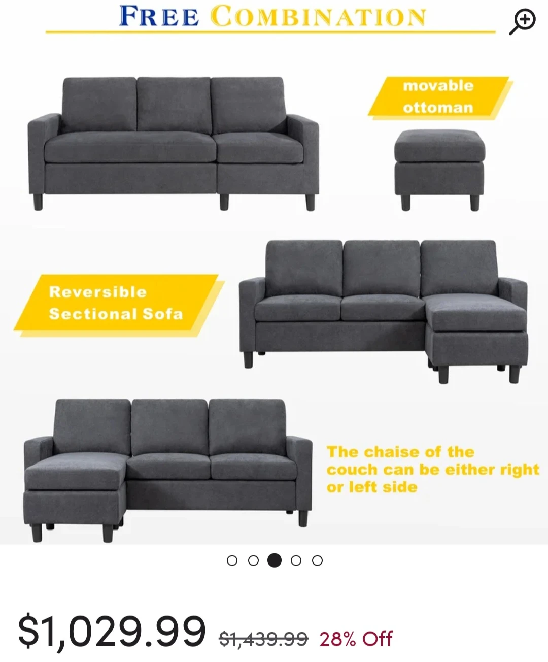 Convertible sectional sofa couch 3 seat modern shaped L - photo 3
