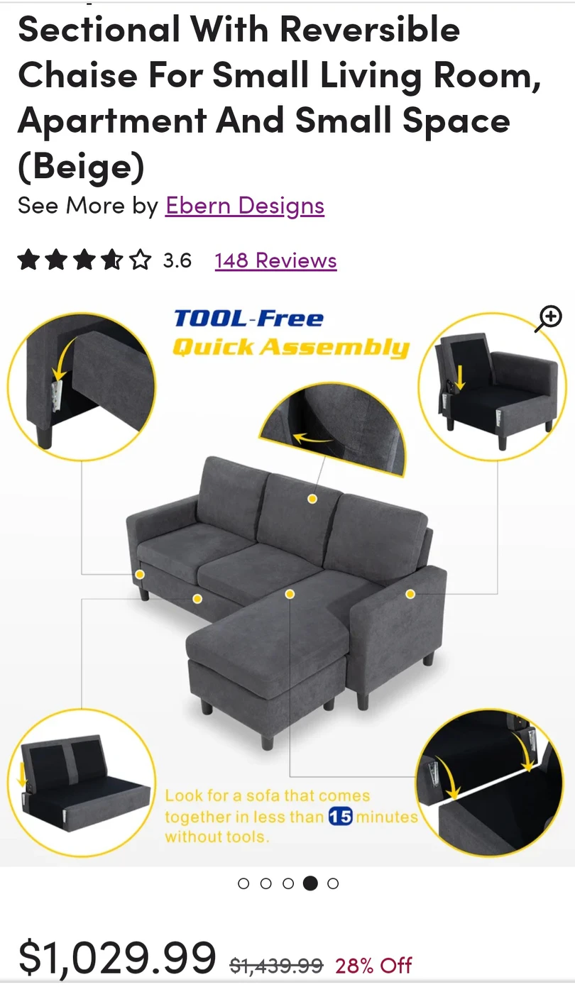 Convertible sectional sofa couch 3 seat modern shaped L - photo 5