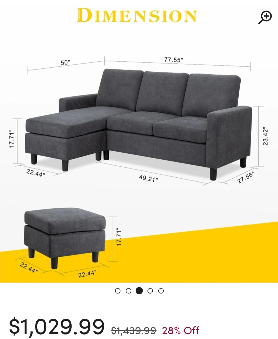 Convertible sectional sofa couch 3 seat modern shaped L - photo 4
