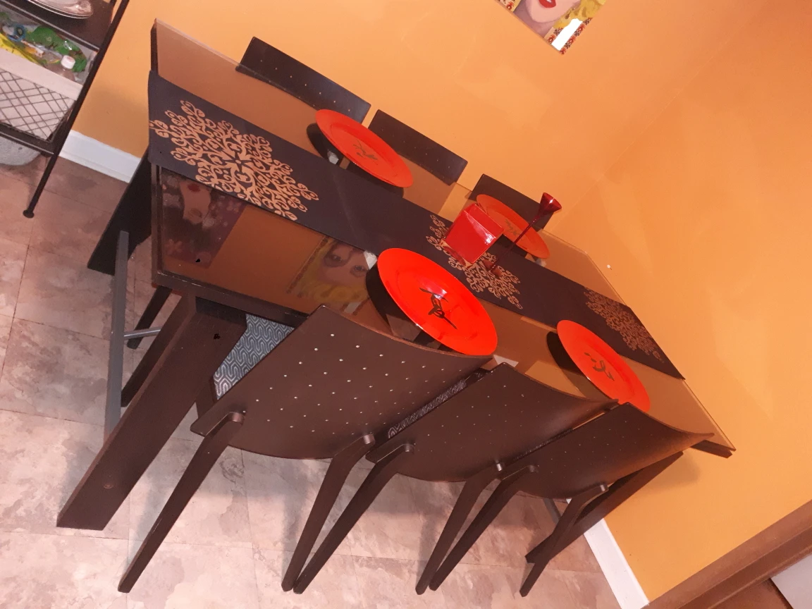 Gorgeous Dining Set, wood, glass top, 6 chairs thumbnail