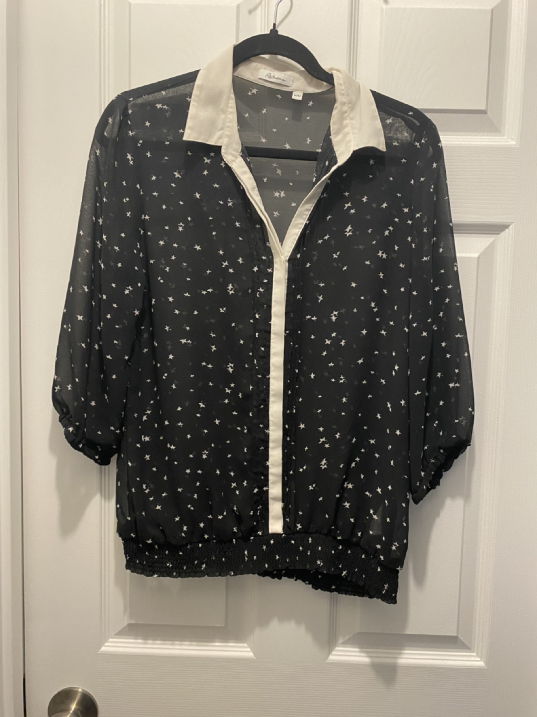 Sheer black collared shirt with white stars thumbnail