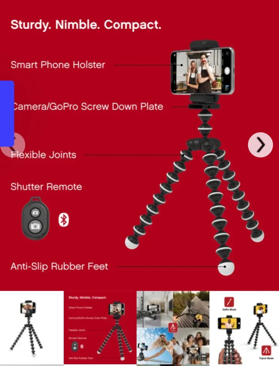 Selfie Tripod
Flexible Smartphone Holder w/ Shutter Remote image indicator(6)