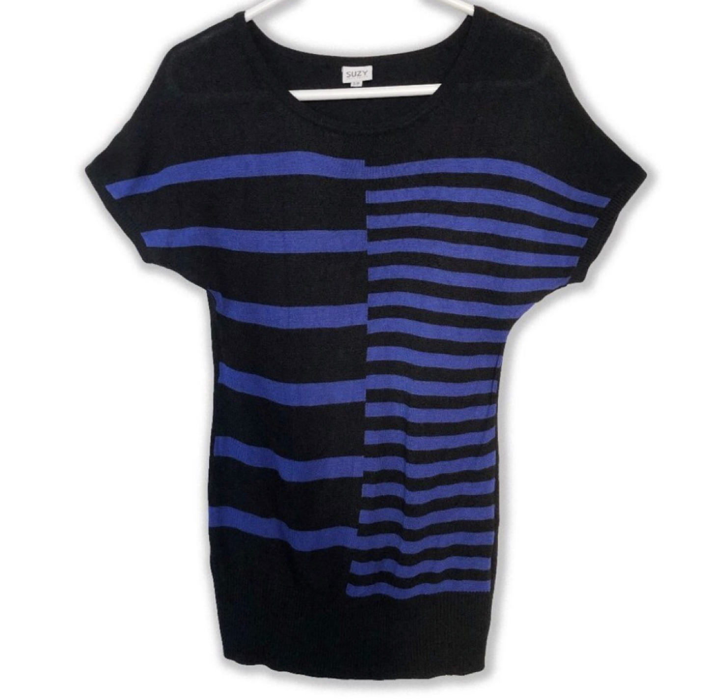 Black & Blue Stripe Knitted Short Sleeve Sweater