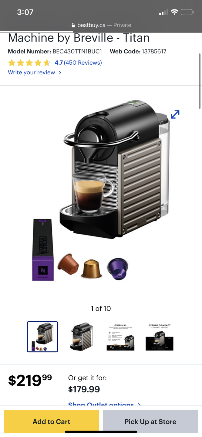 Nespresso coffee capsule  machine  pixie