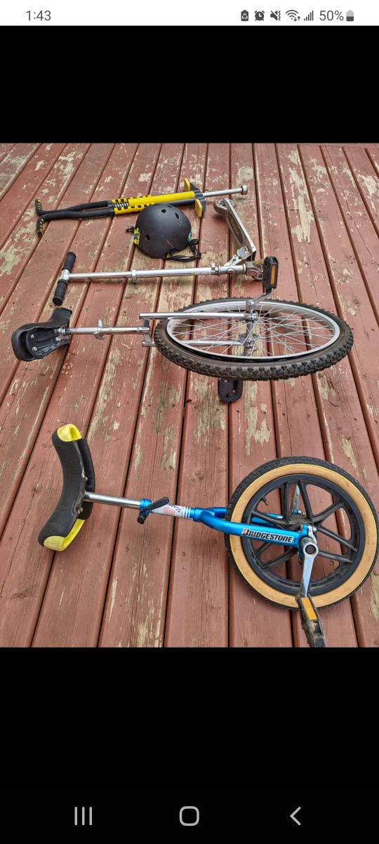Unicycles, scooter, pogo stick and helmet