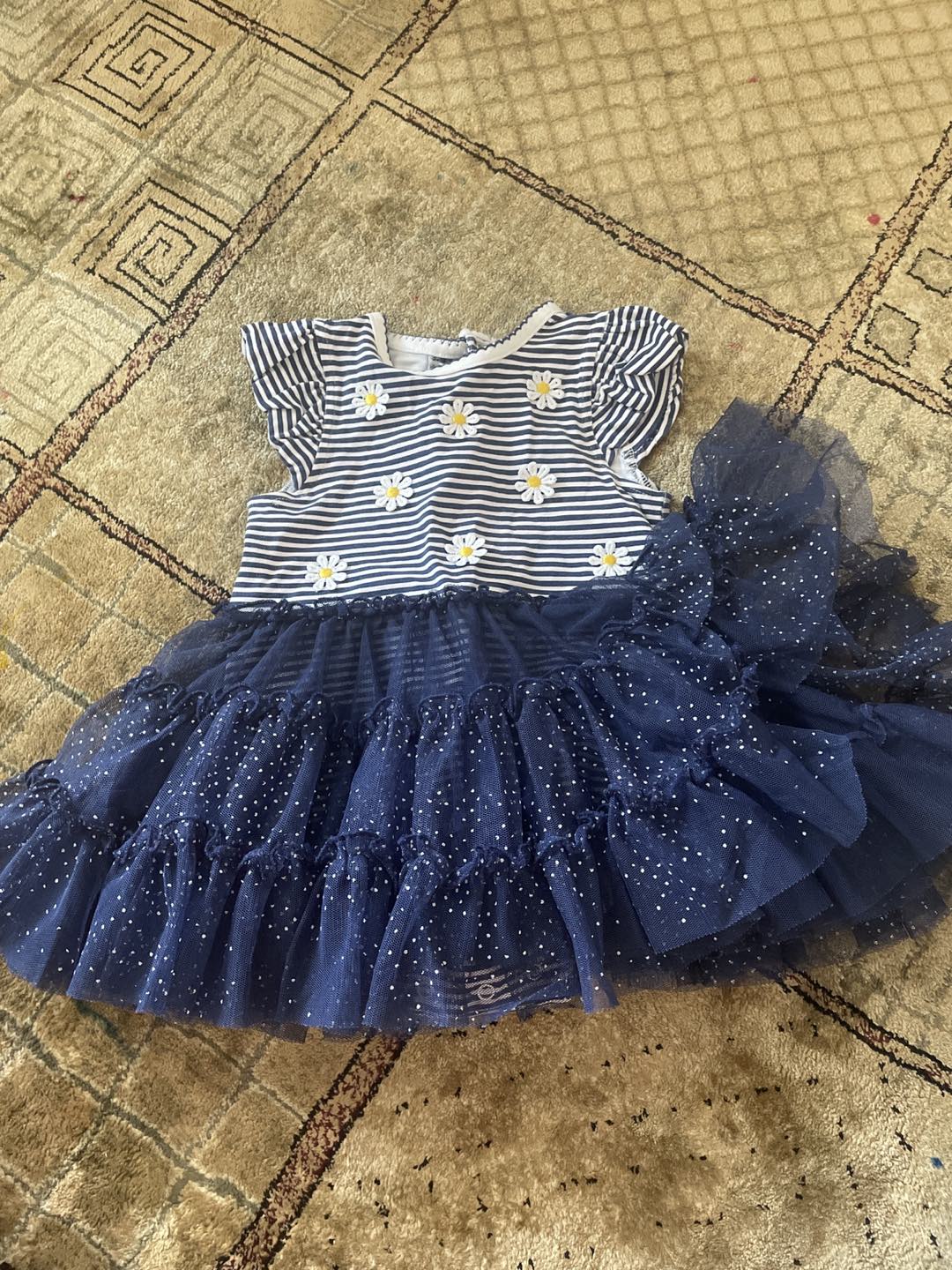 Stripe top with lily and navy blue ruffles with a pin me under thumbnail