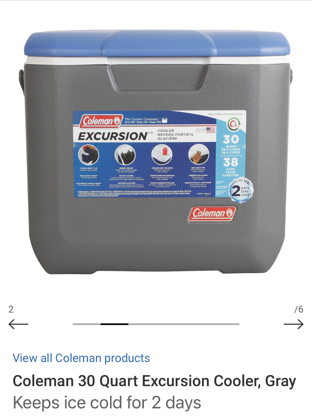 Cooler, Coleman Excursion 30 quart with ice pack thumbnail