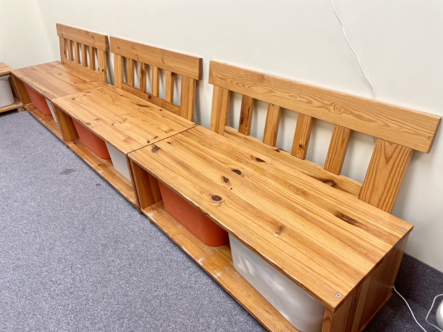 Bench cubby with storage bins. 35”W x 14 1/2”D x 23”H
