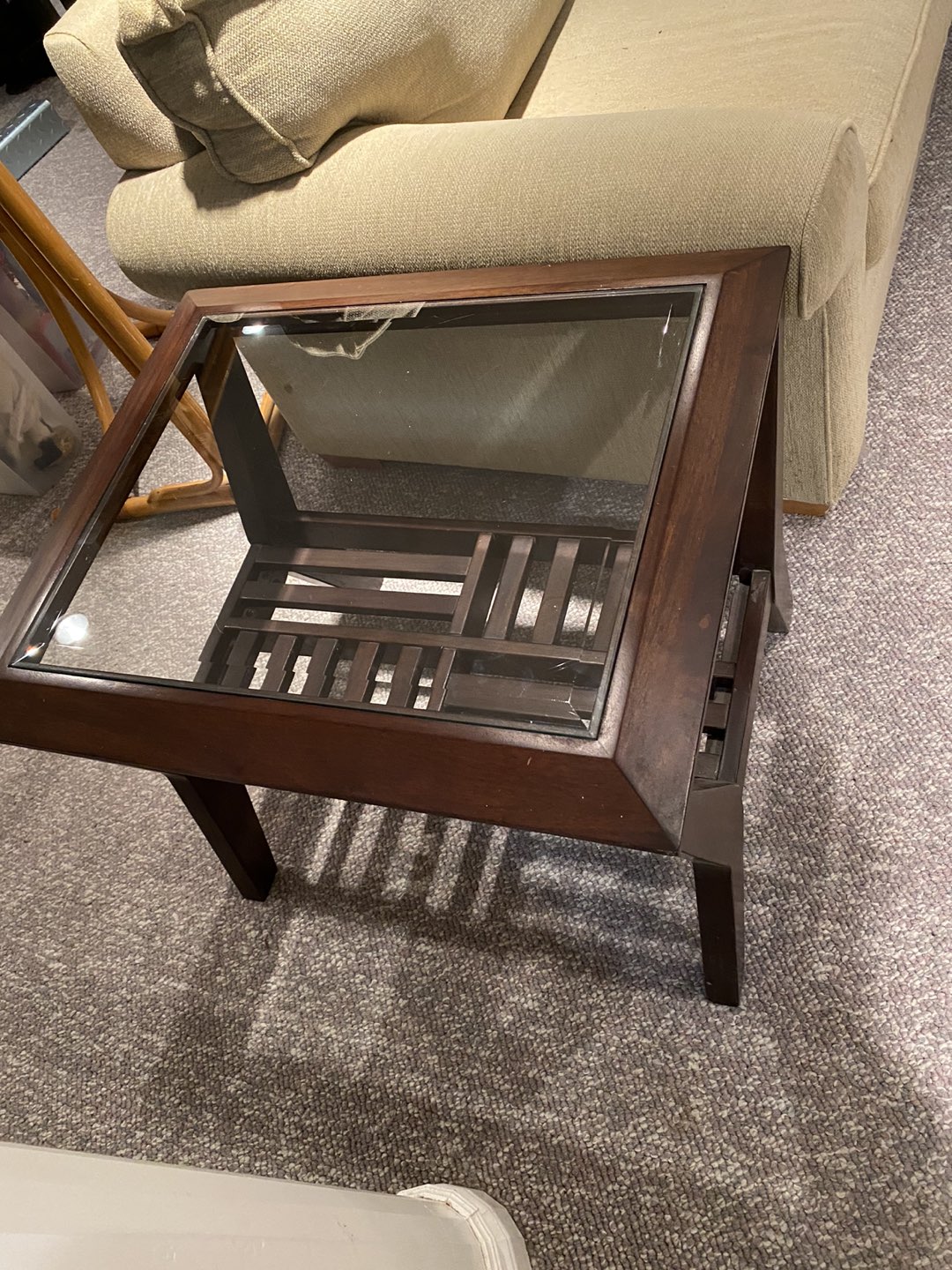 Solid wood end table with bevelled glass insert thumbnail