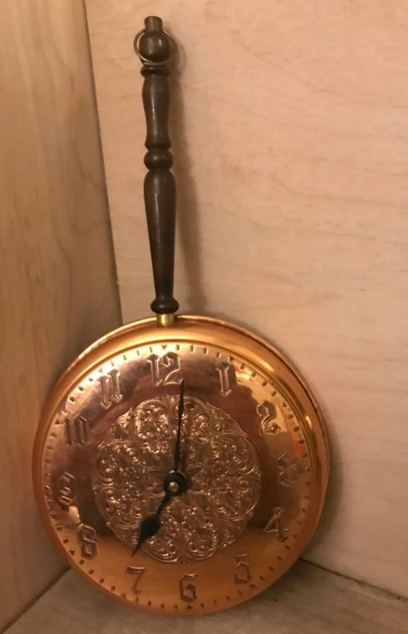 OLD BED WARMING PAN CONVERTED INTO CLOCK thumbnail