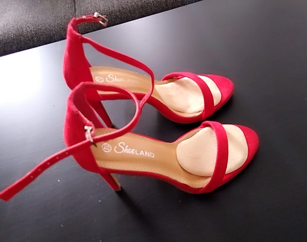 red high heeled ankle strap open toe shoes thumbnail