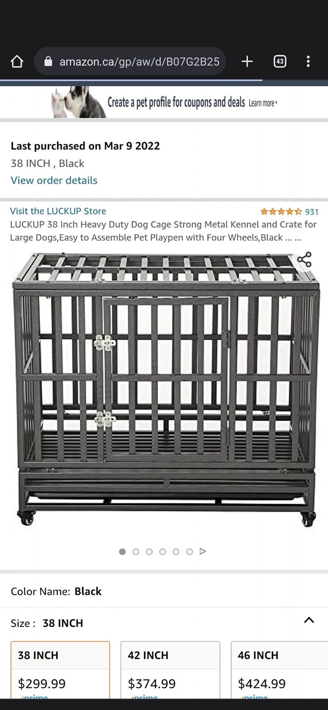 heavy duty dog crate 38" on wheels thumbnail