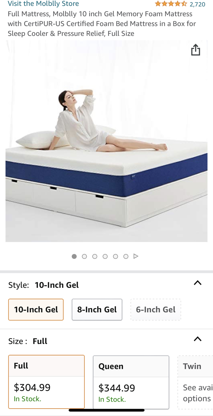 Full Mattress, 10 inch Gel Memory Foam Mattress in a Box