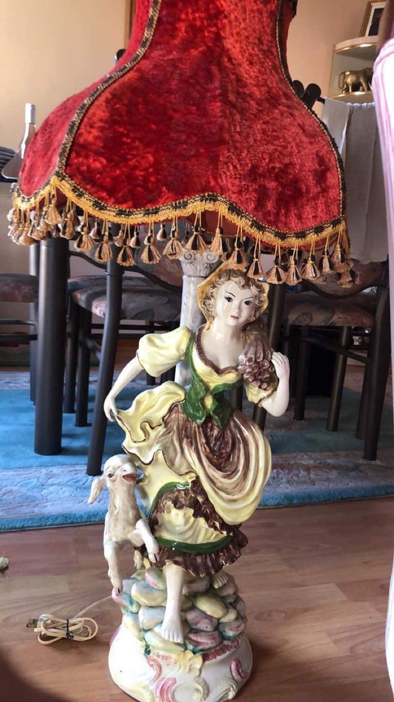 Tall floor lamp shepherdess and lamb ceramic