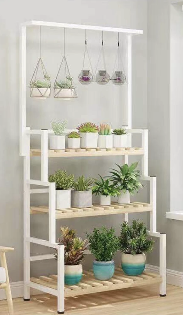 plant shelf - white metal and bamboo