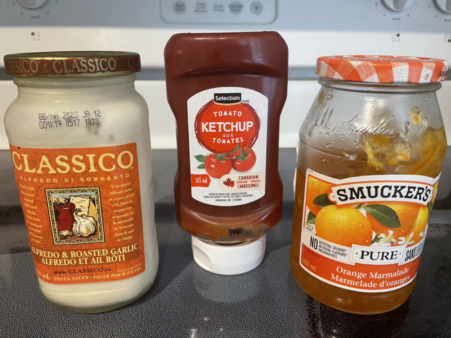 Pasta white sauce, ketchup, jam
