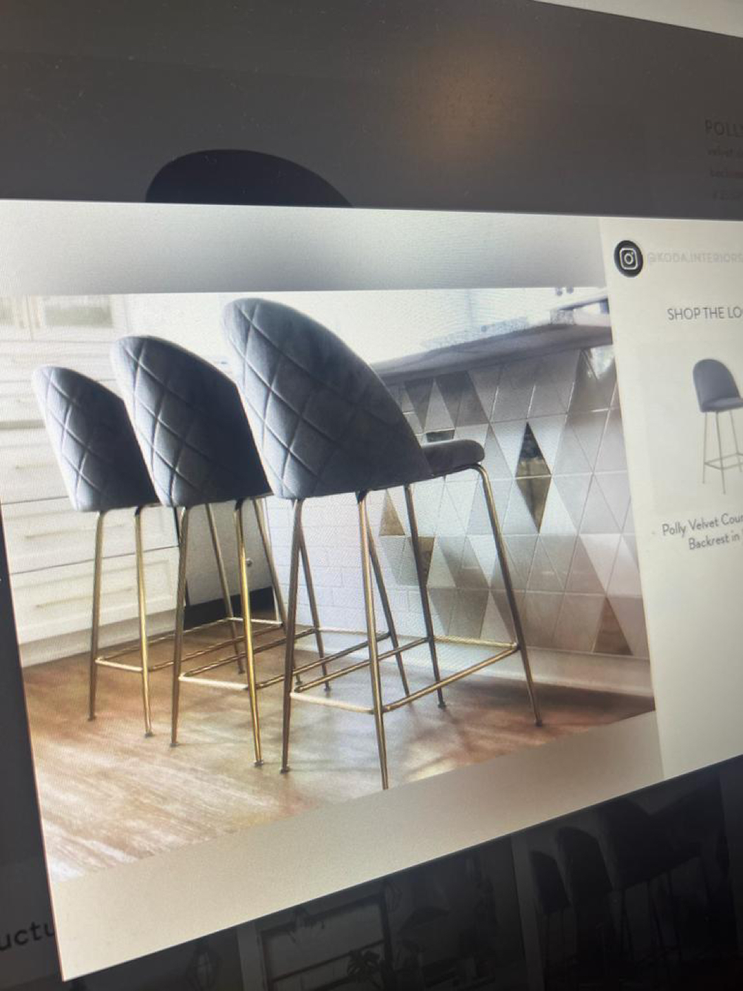 3 Grey Velvet bar stools, golden legs thumbnail