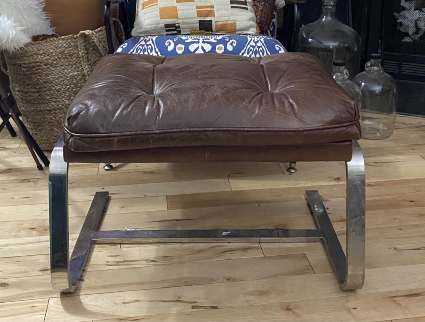 Vintage leather & chrome ottoman