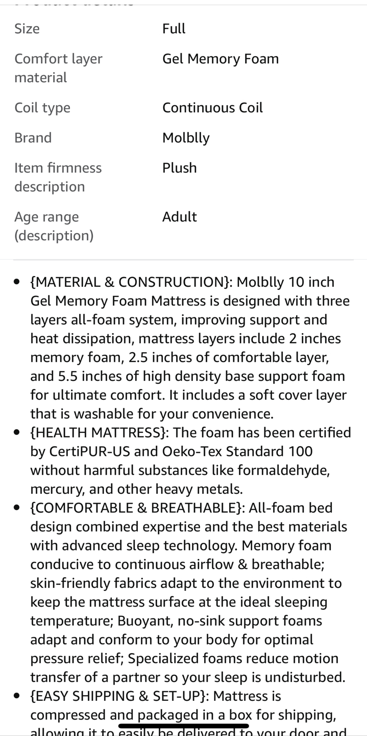 Full Mattress, 10 inch Gel Memory Foam Mattress in a Box - photo 5