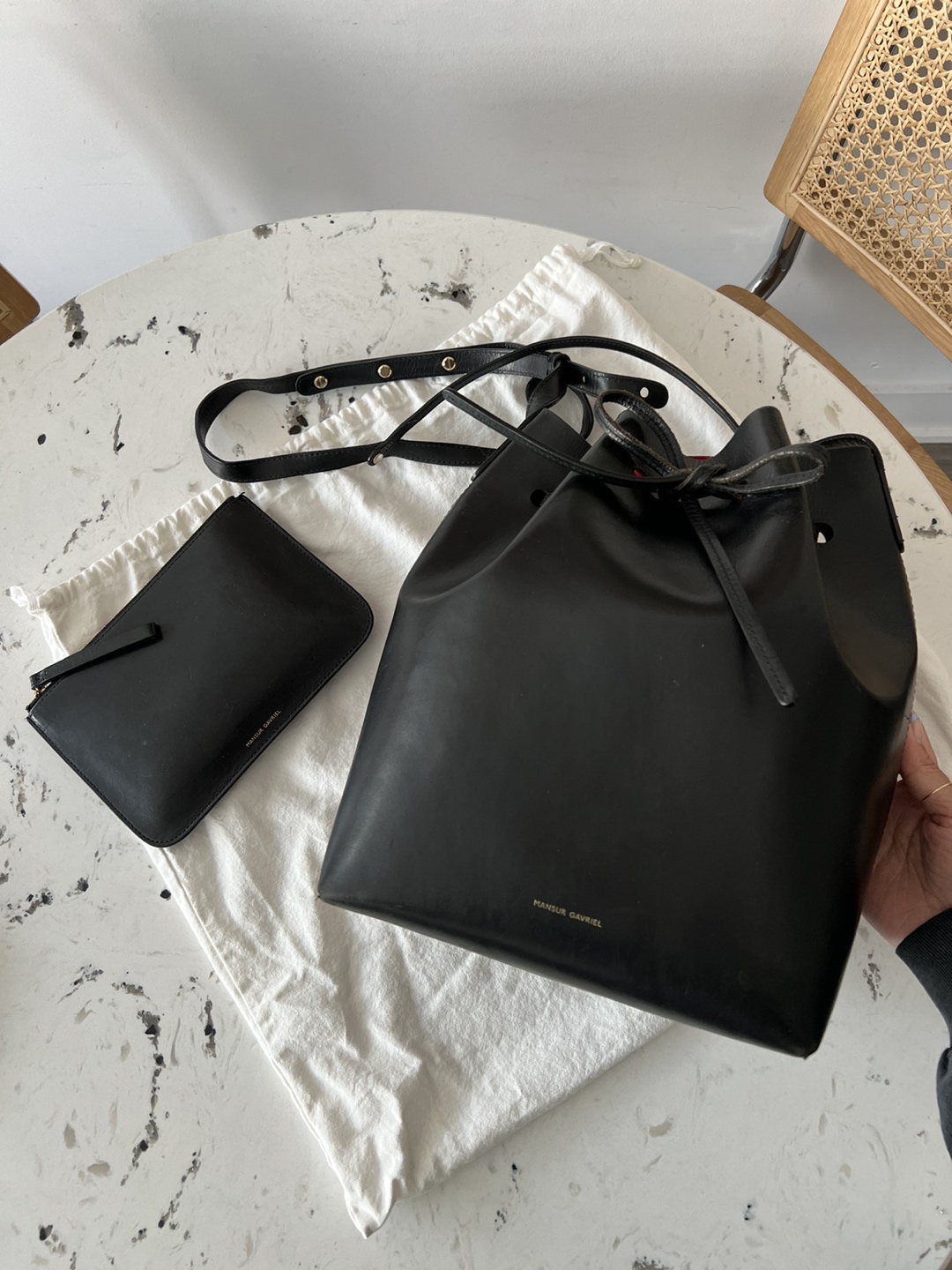 Mansur Gavriel bucket bag in black/red/flamma
