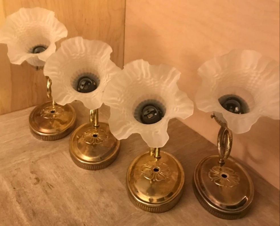 VINTAGE BRASS, BRONZE GLASS TULIP LIGHT FIXTURES thumbnail
