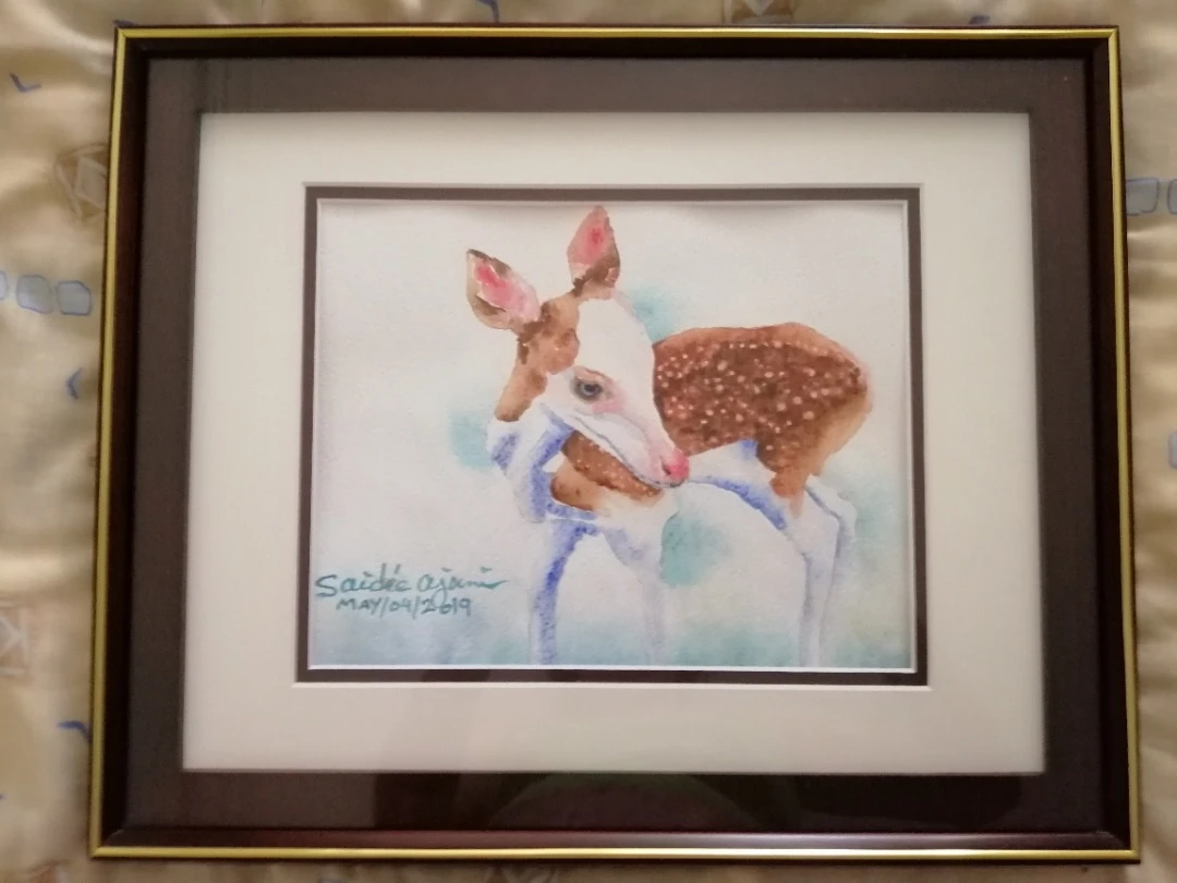 watercolor painting  Fawn (baby deer(  size 40*33= $100 framed