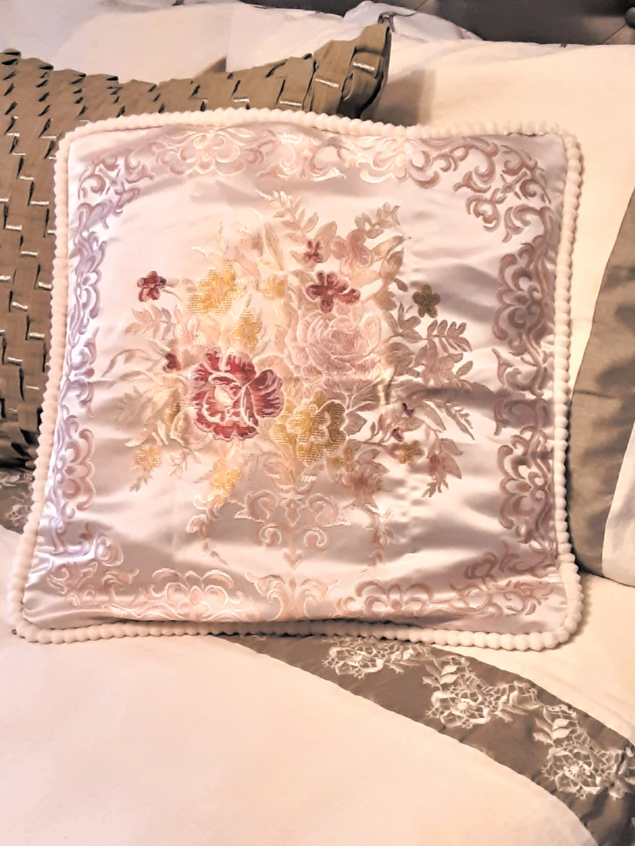 Silky floral pillow case with pom pom trim thumbnail