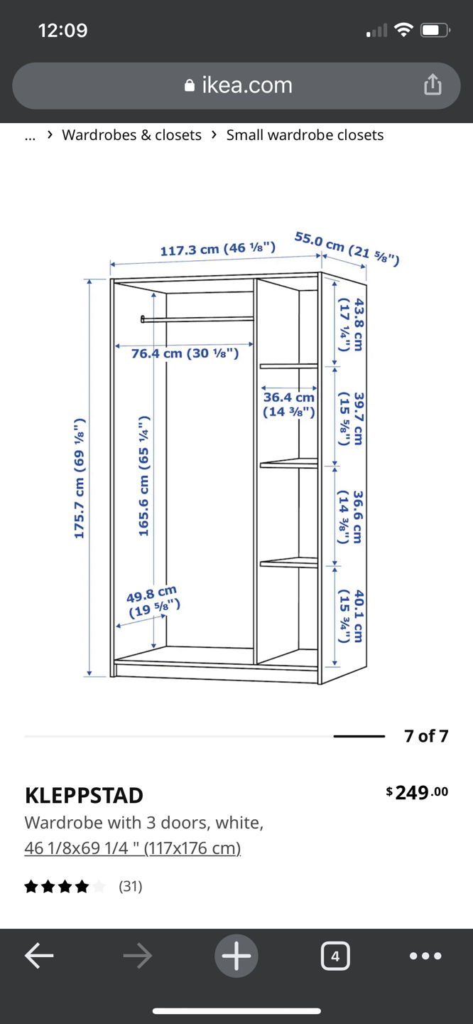KLEPPSTAD, IKEA 
Wardrobe with 3 doors, white, 117x176 cm - photo 2