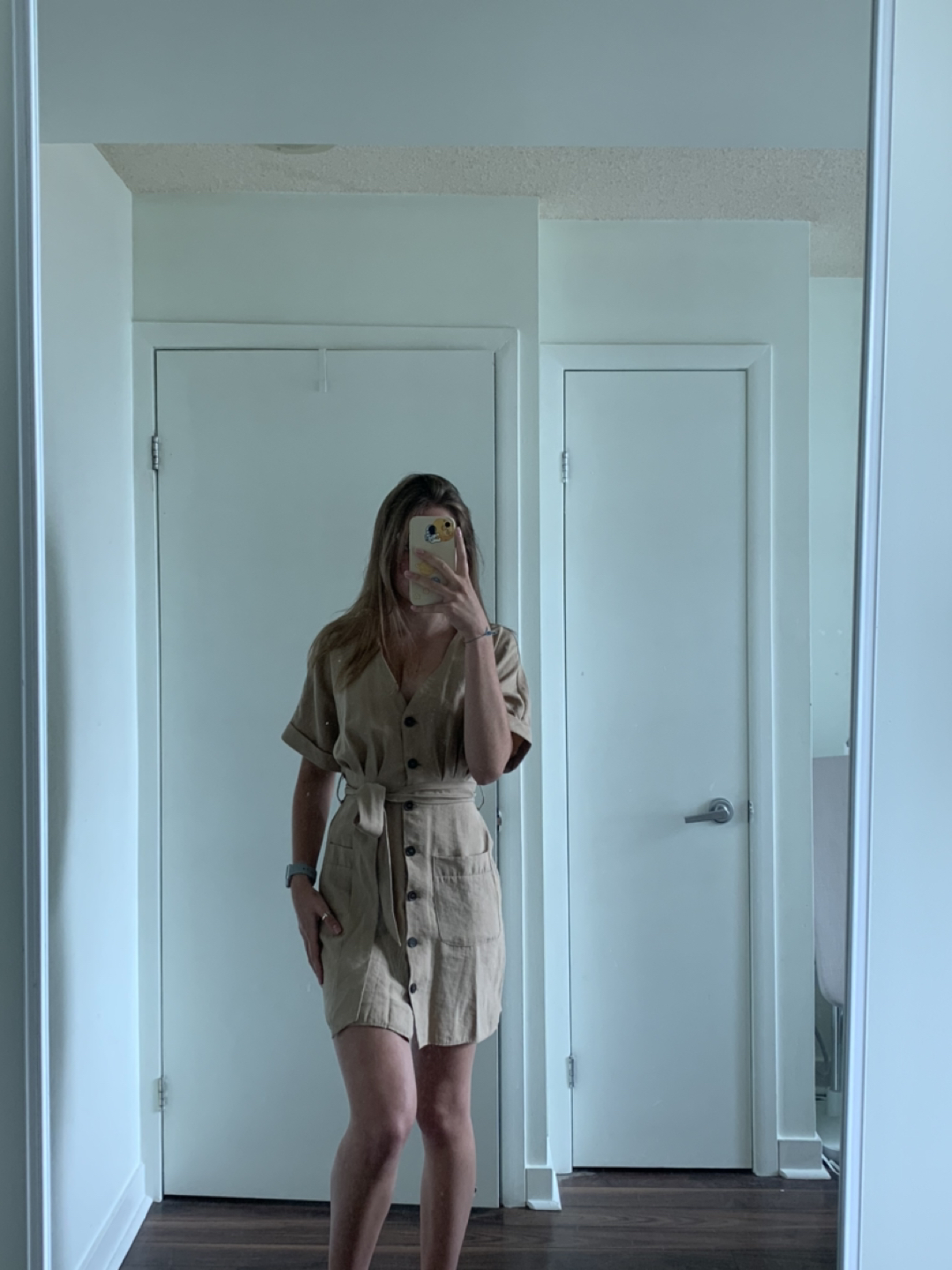 Zara Light Camel Button-up Dress with pockets and belt thumbnail