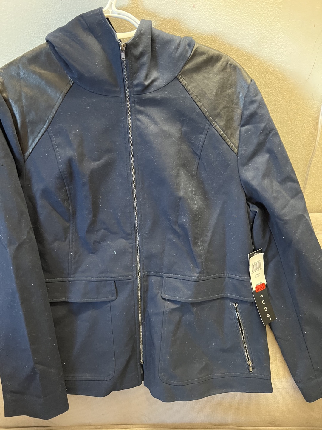 Windbreaker Hoodie Jacket, Faux Leather Shoulders. 16/LG image indicator(3)