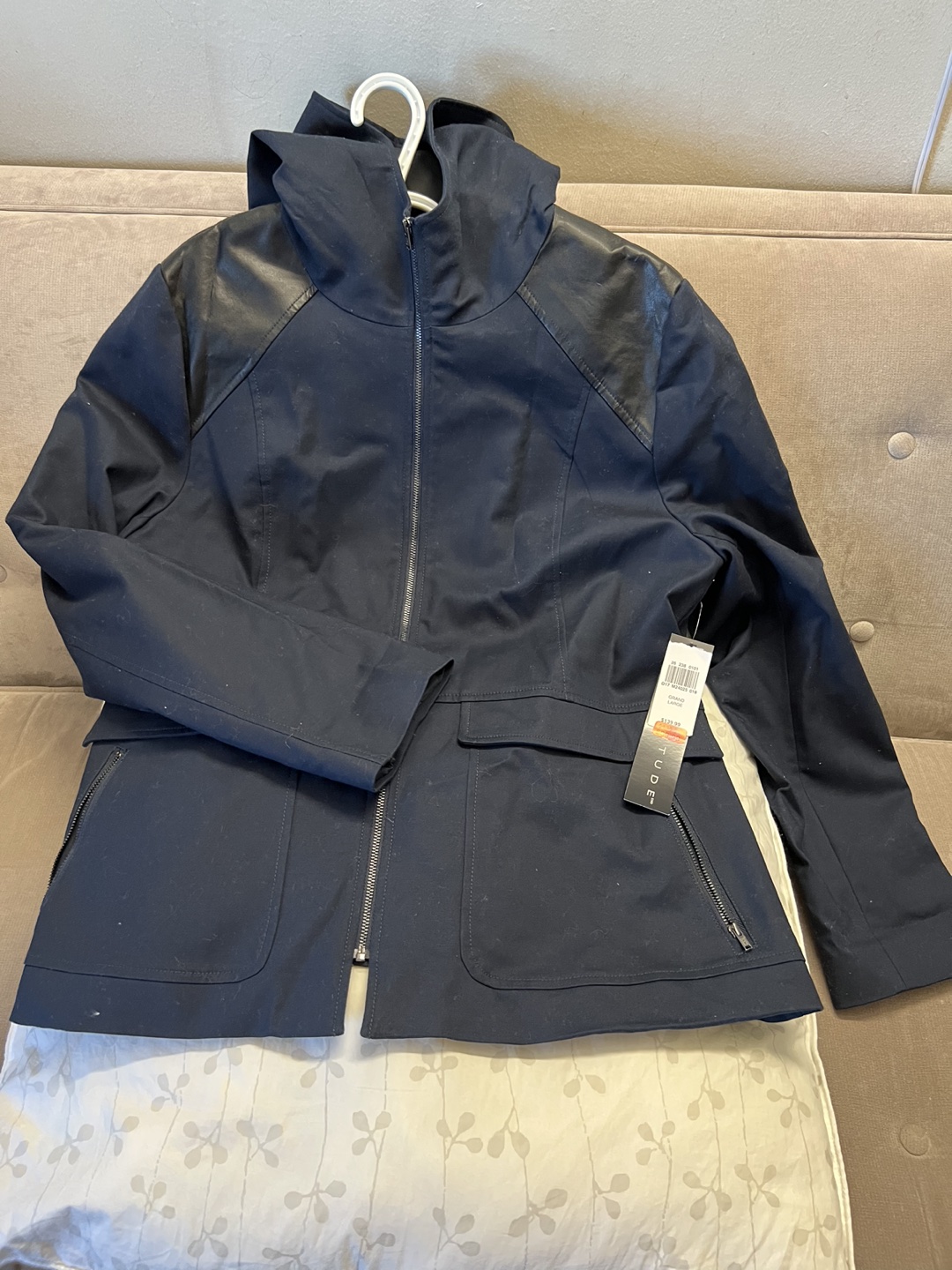 Windbreaker Hoodie Jacket, Faux Leather Shoulders. 16/LG thumbnail