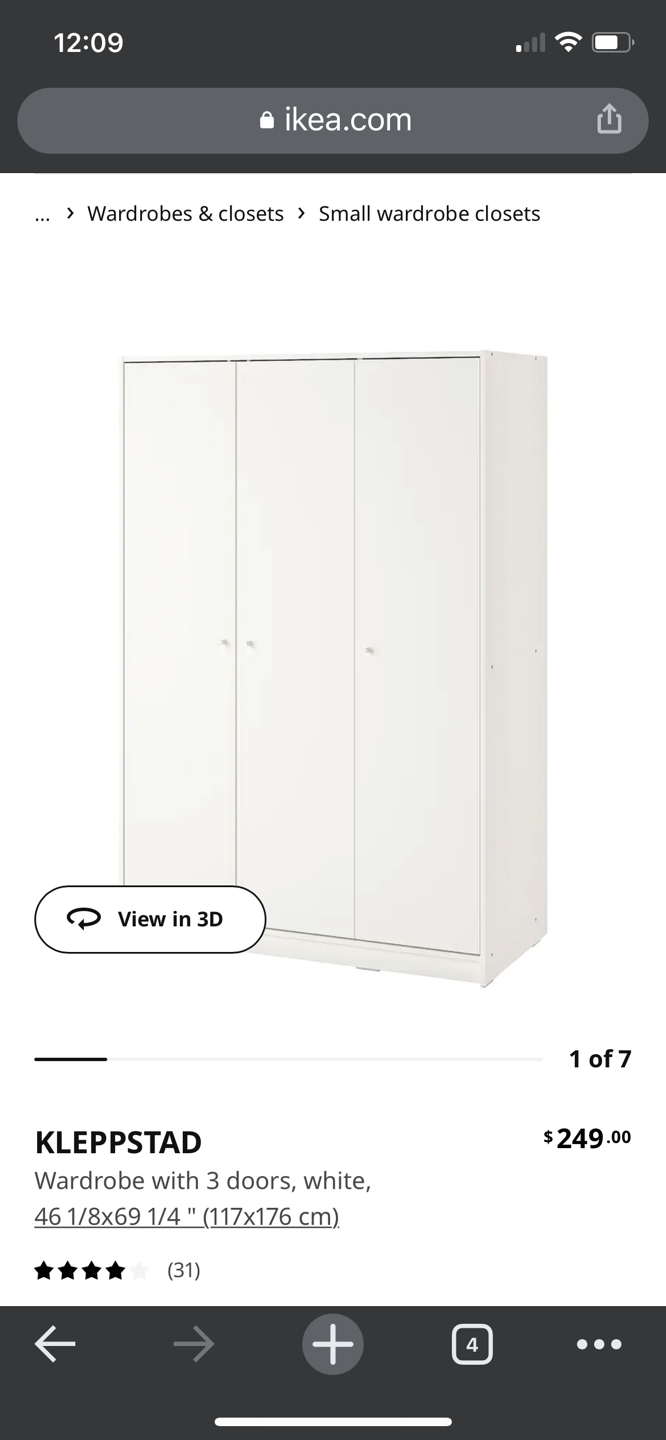 KLEPPSTAD, IKEA 
Wardrobe with 3 doors, white, 117x176 cm