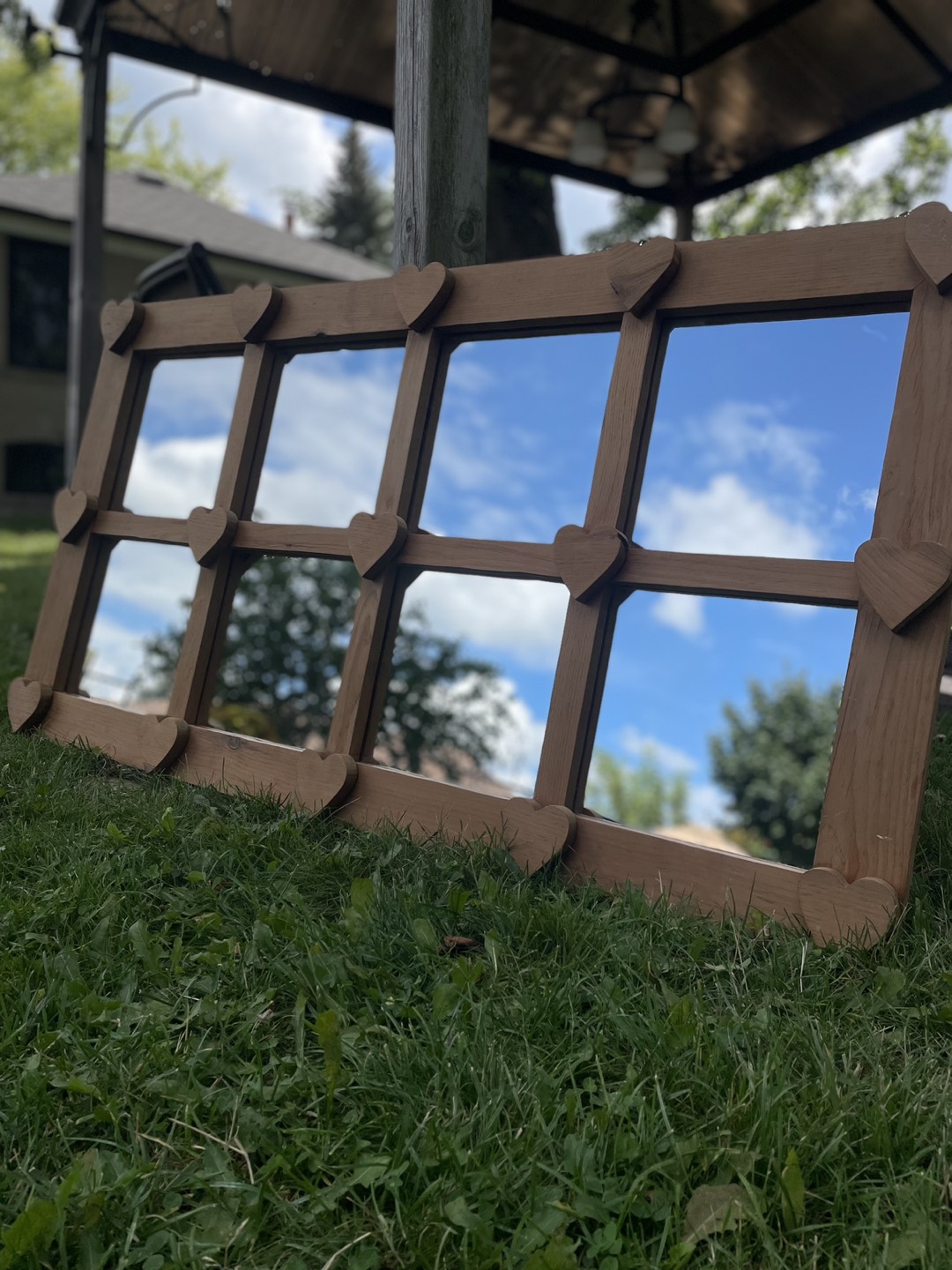 Large wooden panelled mirror with hearts thumbnail